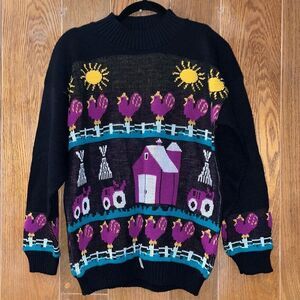 Teasers NWT Vintage Farm Sweater Roosters Chickens Fence Tractors Y2K Black MED
